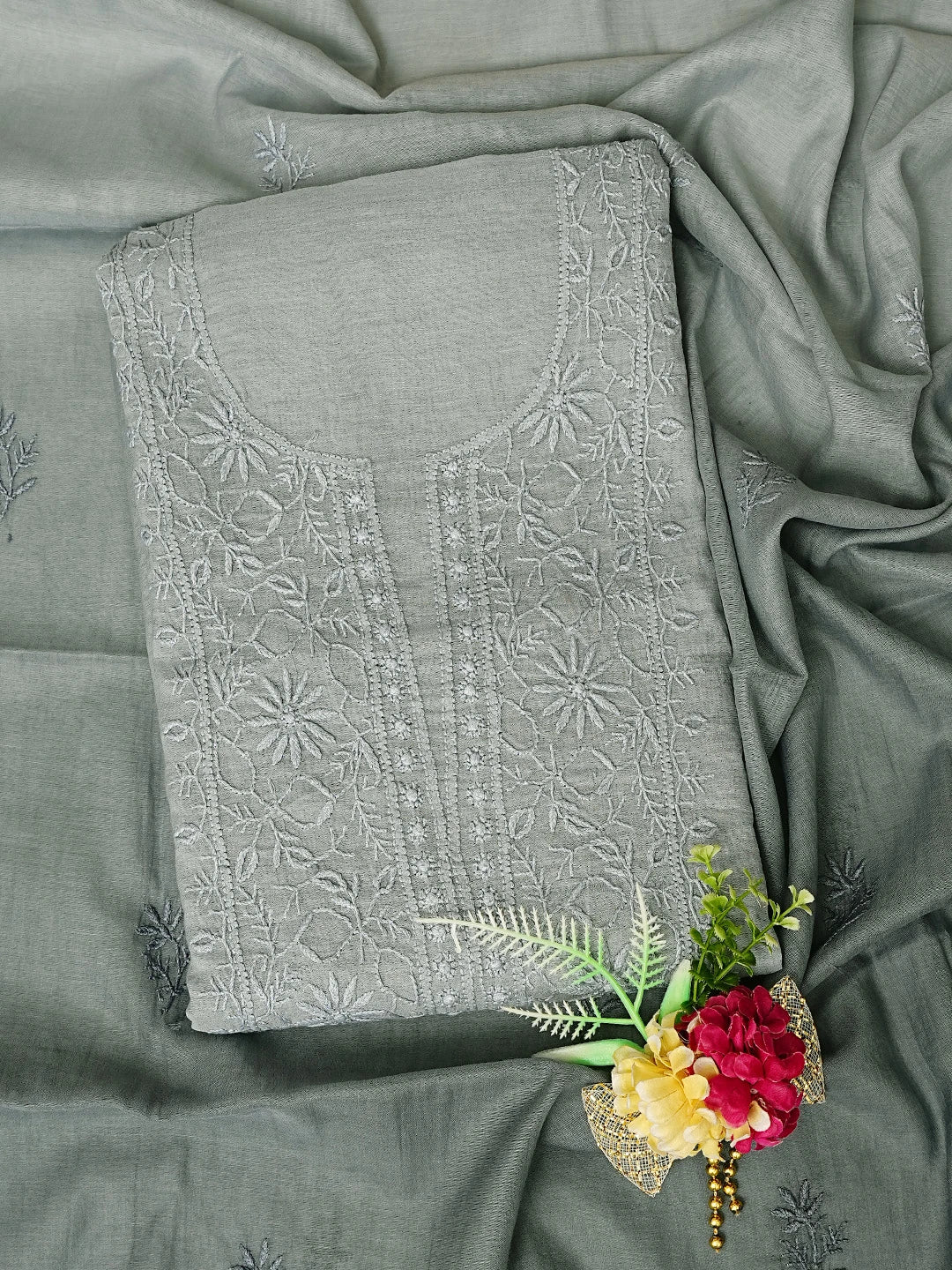 Ada Hand Embroidered Cadet Grey Chanderi Lucknowi Chikankari Unstitched Kurta Dupatta Set 01A810999