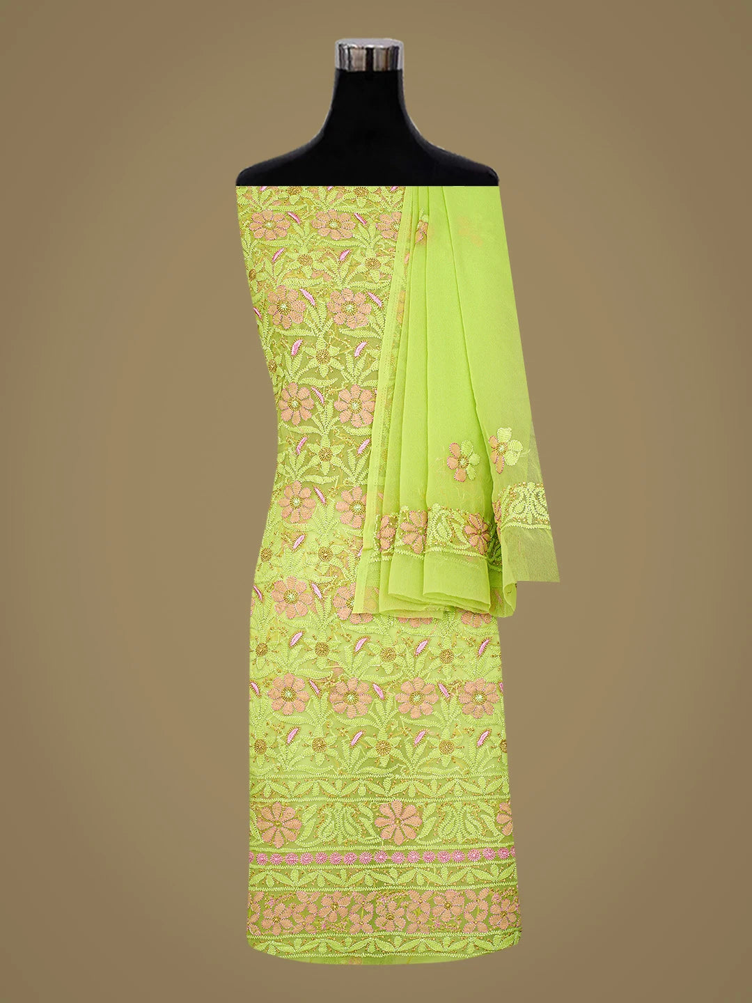 Ada Hand Embroidered Lime Green Georgette Lucknowi Chikankari Unstitched Suit Piece 01A799915