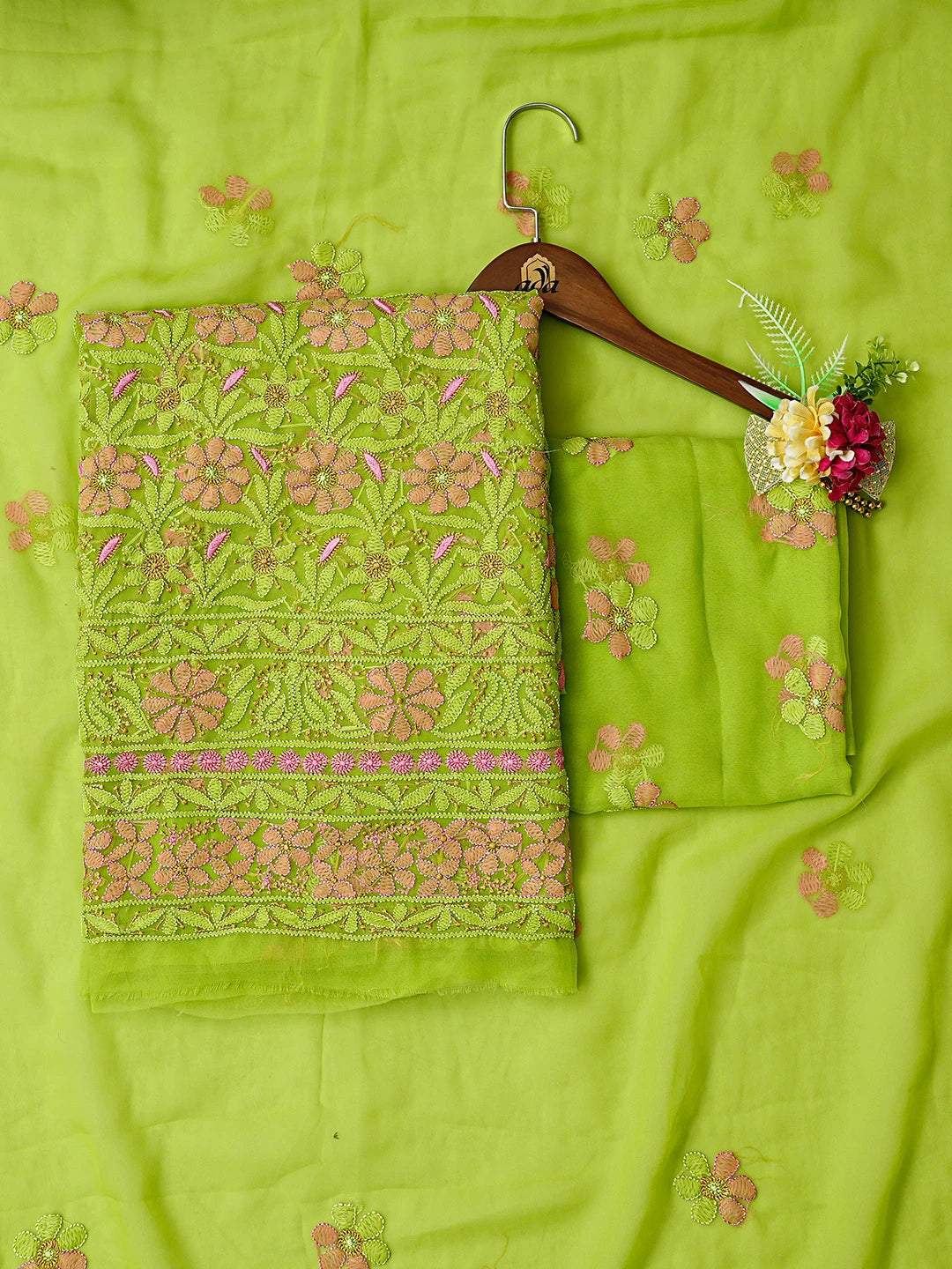 Ada Hand Embroidered Lime Green Georgette Lucknowi Chikankari Unstitched Suit Piece 01A799915