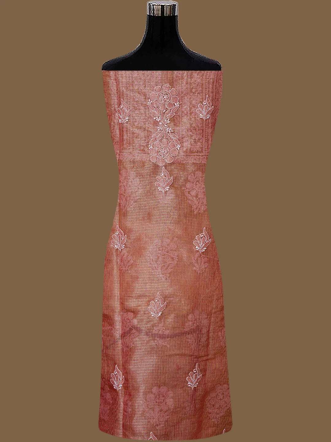 Ada Hand Embroidered Dusty Peach Kota Tissue Lucknowi Chikankari Semi-stitched Kurta Dupatta Set 01A784677