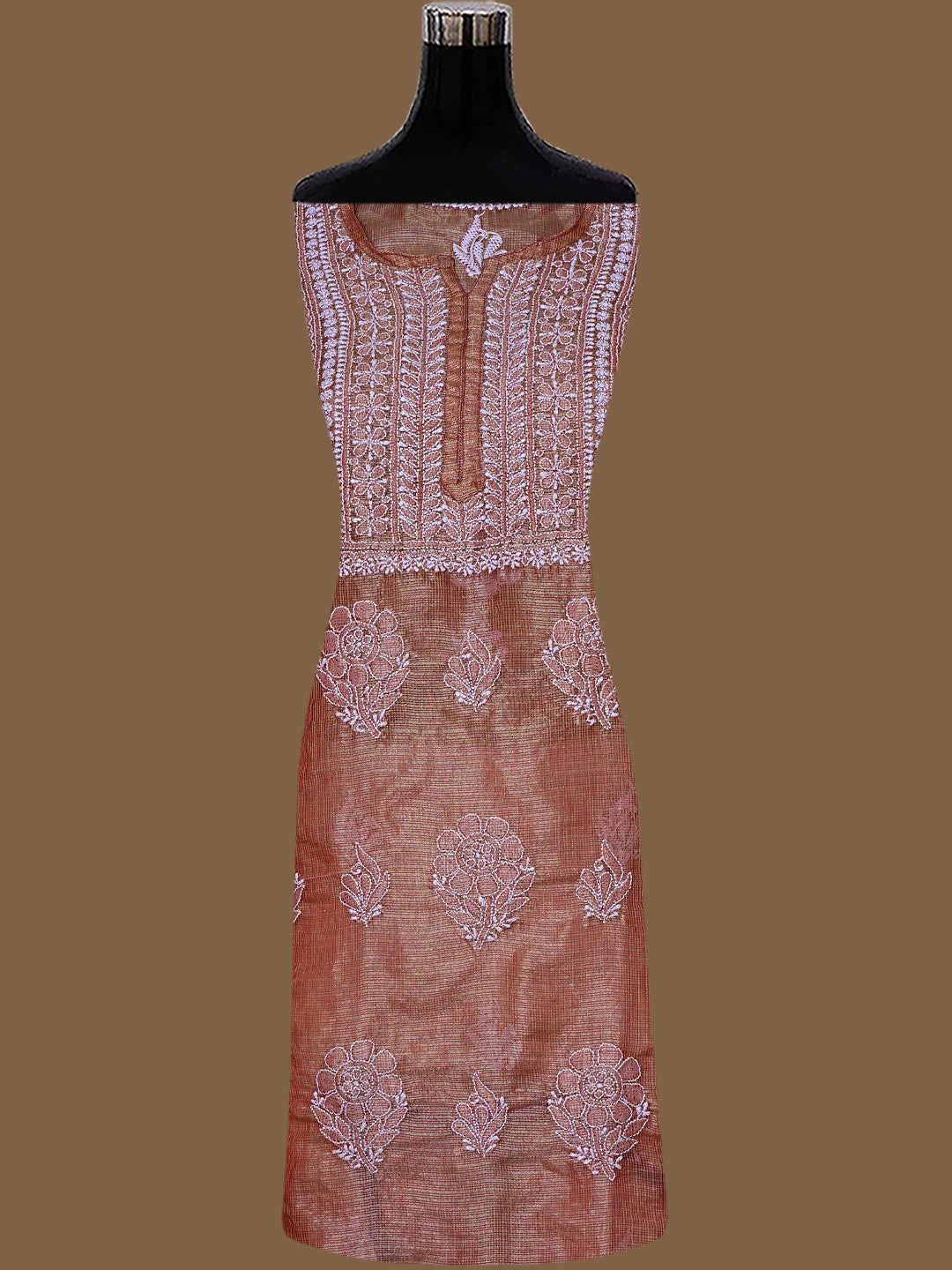 Ada Hand Embroidered Dusty Peach Kota Tissue Lucknowi Chikankari Semi-stitched Kurta Dupatta Set 01A784677