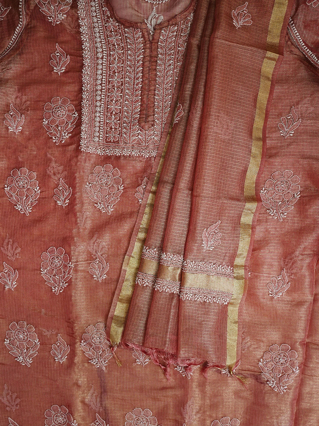 Ada Hand Embroidered Dusty Peach Kota Tissue Lucknowi Chikankari Semi-stitched Kurta Dupatta Set 01A784677