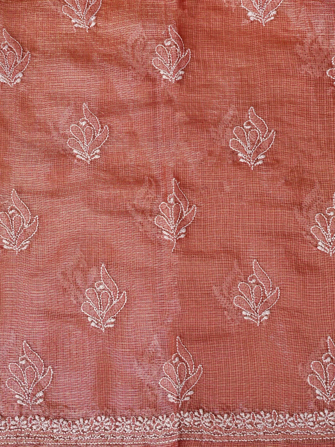Ada Hand Embroidered Dusty Peach Kota Tissue Lucknowi Chikankari Semi-stitched Kurta Dupatta Set 01A784677