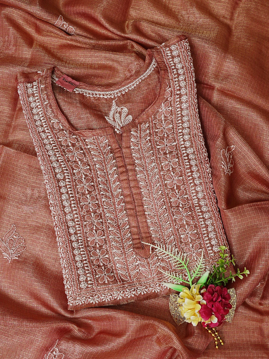 Ada Hand Embroidered Dusty Peach Kota Tissue Lucknowi Chikankari Semi-stitched Kurta Dupatta Set 01A784677
