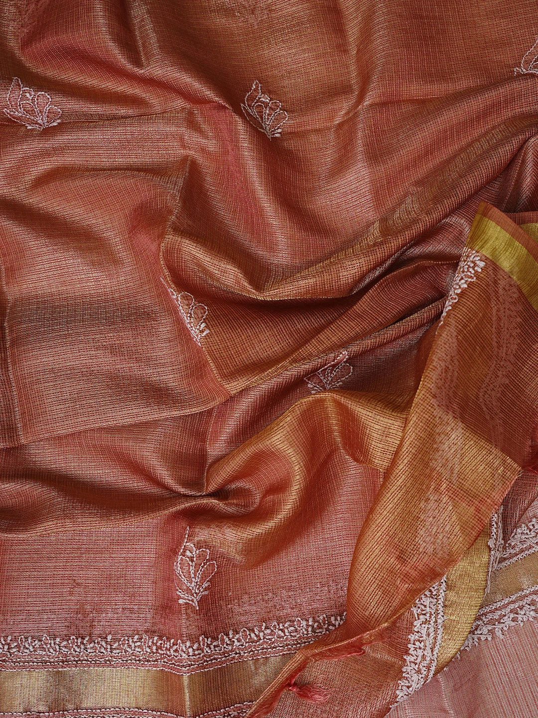 Ada Hand Embroidered Dusty Peach Kota Tissue Lucknowi Chikankari Semi-stitched Kurta Dupatta Set 01A784677