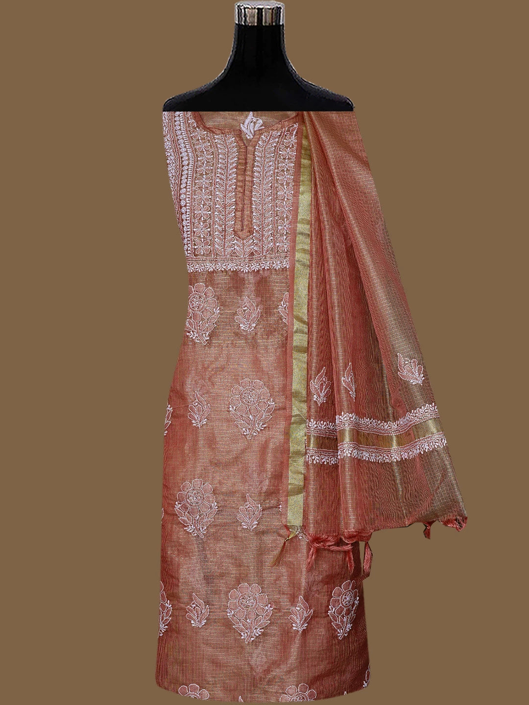 Ada Hand Embroidered Dusty Peach Kota Tissue Lucknowi Chikankari Semi-stitched Kurta Dupatta Set 01A784677