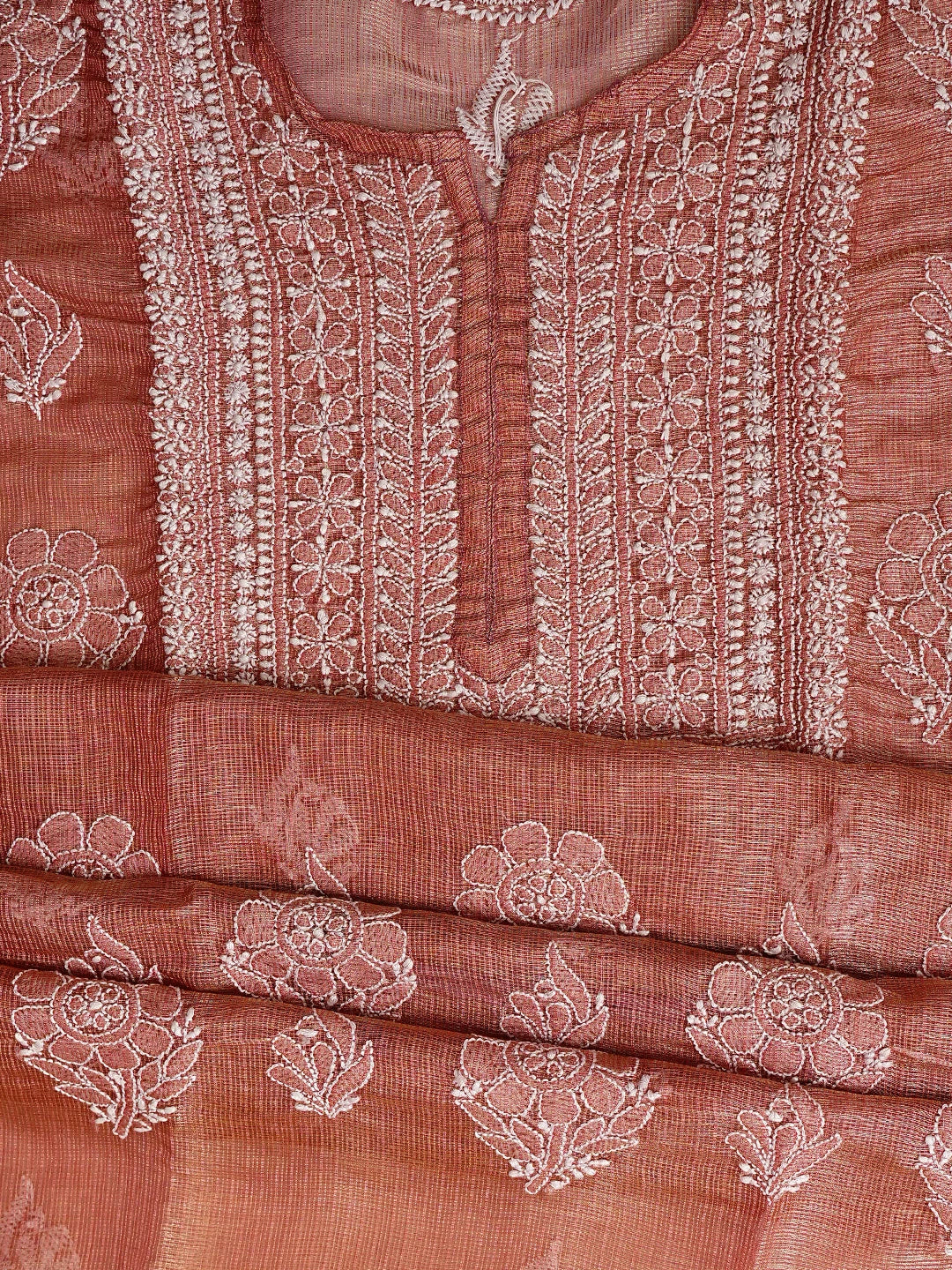 Ada Hand Embroidered Dusty Peach Kota Tissue Lucknowi Chikankari Semi-stitched Kurta Dupatta Set 01A784677