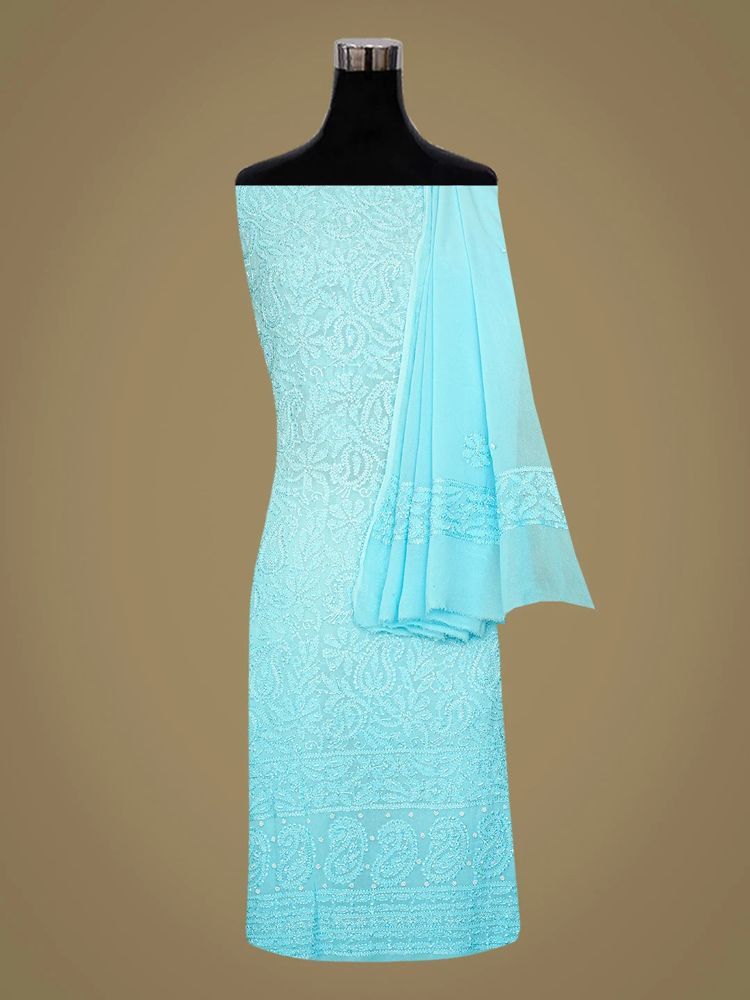 Ada Hand Embroidered Blue Viscose Georgette Lucknowi Chikankari Unstitched Kurta Dupatta Set With Pearl Work 01A809982