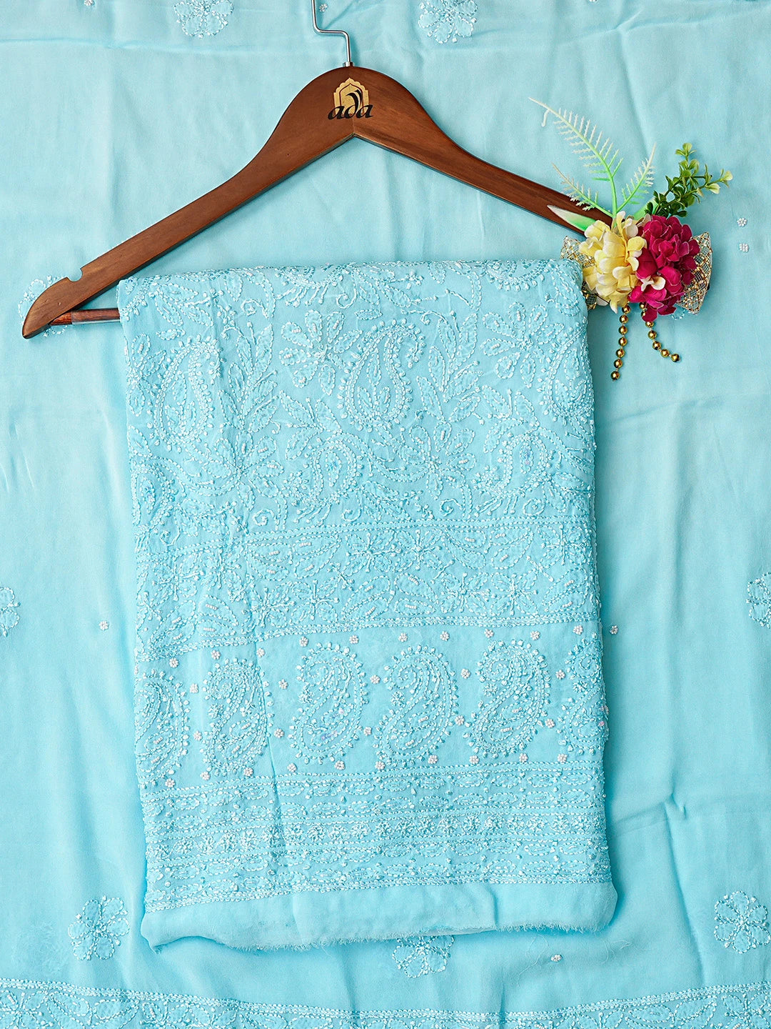 Ada Hand Embroidered Blue Viscose Georgette Lucknowi Chikankari Unstitched Kurta Dupatta Set With Pearl Work 01A809982