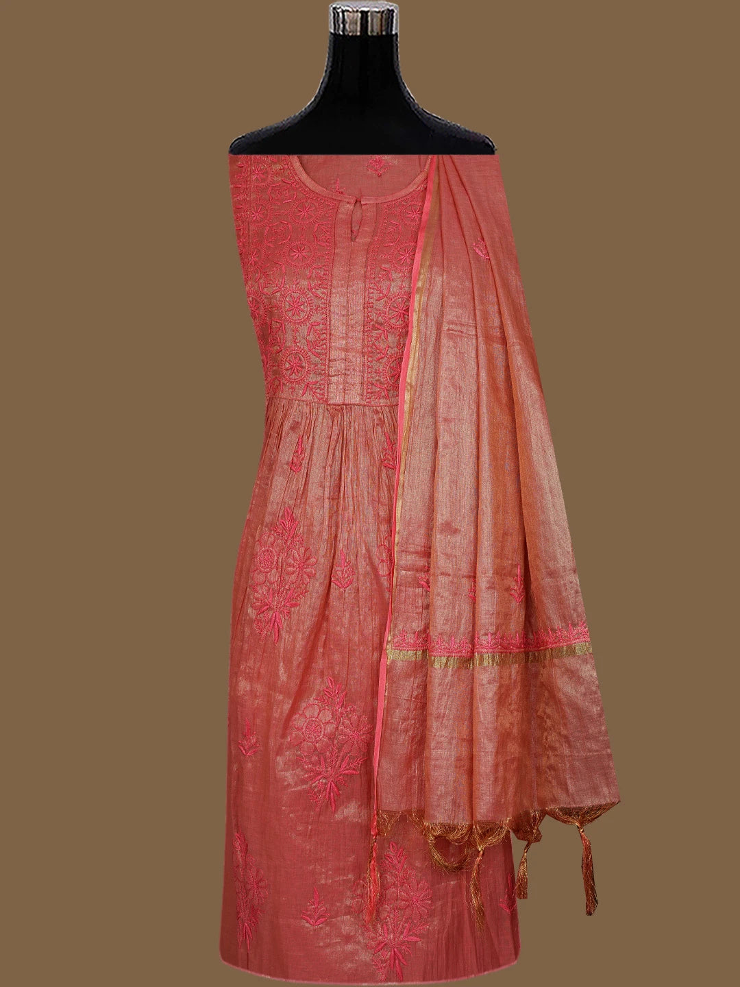 Ada Hand Embroidered Carrot Pink Tissue Lucknowi Chikankari Semi-Stitched Kurta Dupatta Set 01A780391