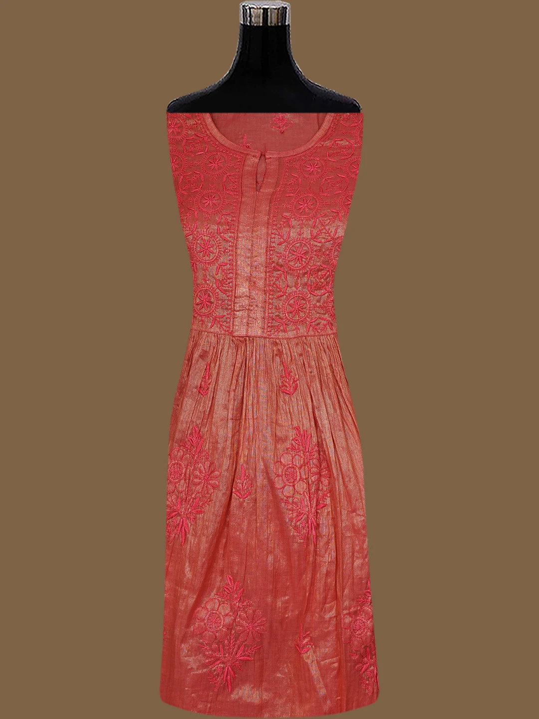 Ada Hand Embroidered Carrot Pink Tissue Lucknowi Chikankari Semi-Stitched Kurta Dupatta Set 01A780391