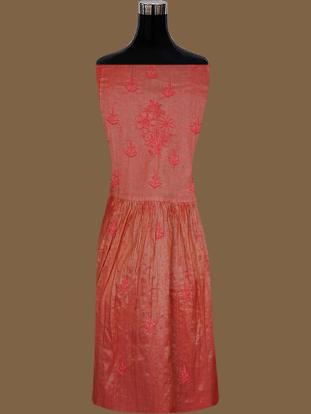 Ada Hand Embroidered Carrot Pink Tissue Lucknowi Chikankari Semi-Stitched Kurta Dupatta Set 01A780391