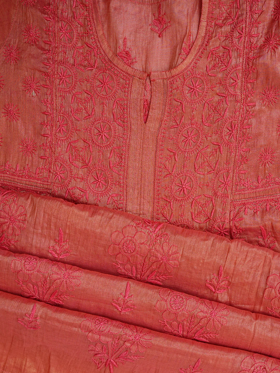 Ada Hand Embroidered Carrot Pink Tissue Lucknowi Chikankari Semi-Stitched Kurta Dupatta Set 01A780391