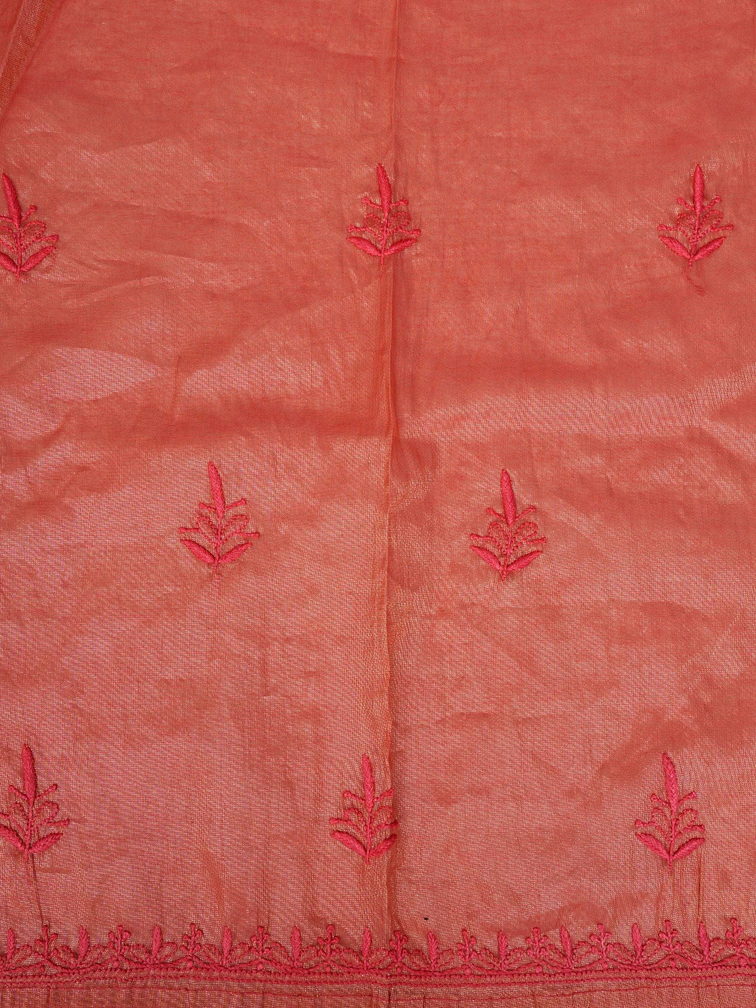 Ada Hand Embroidered Carrot Pink Tissue Lucknowi Chikankari Semi-Stitched Kurta Dupatta Set 01A780391