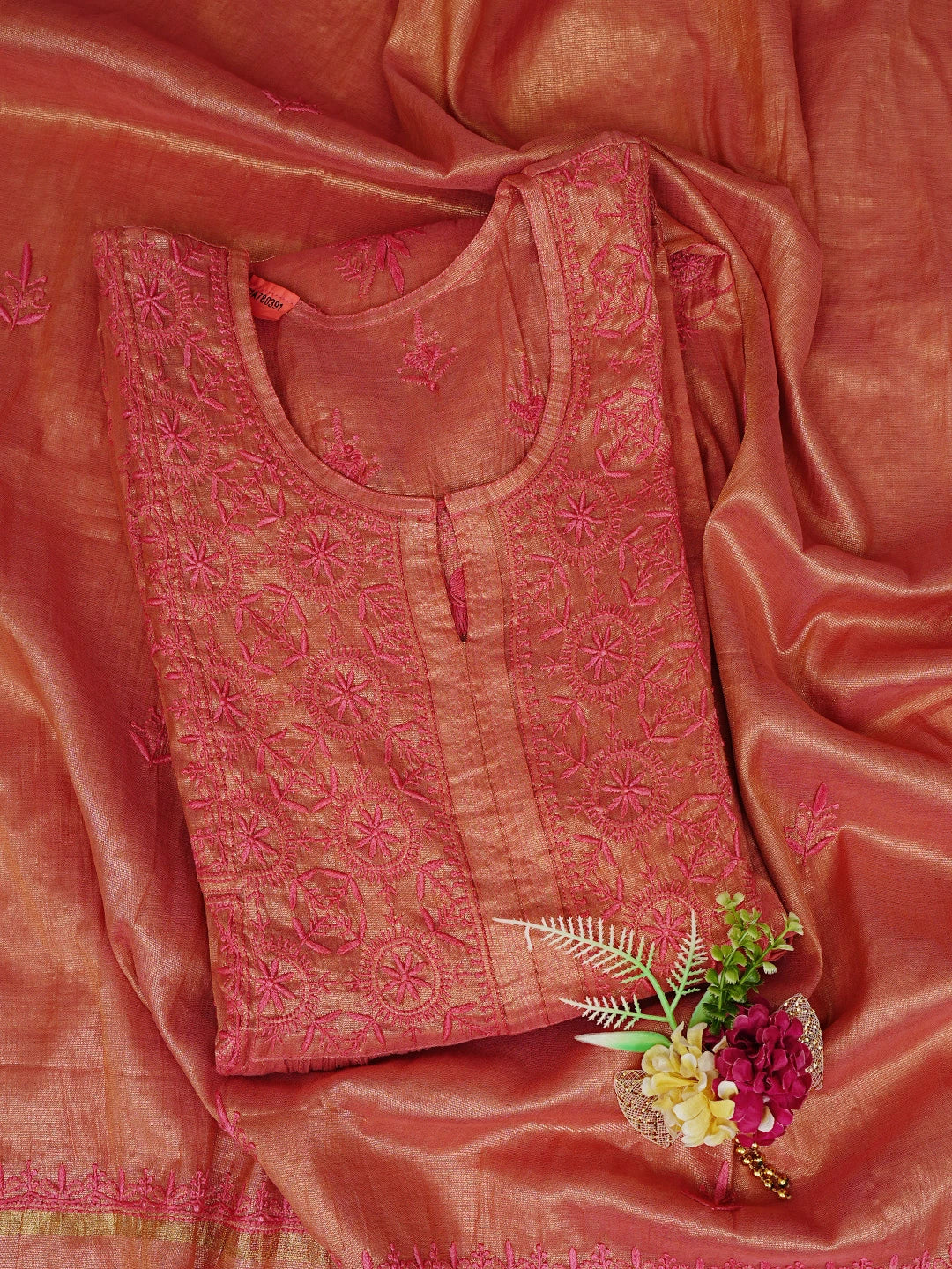 Ada Hand Embroidered Carrot Pink Tissue Lucknowi Chikankari Semi-Stitched Kurta Dupatta Set 01A780391