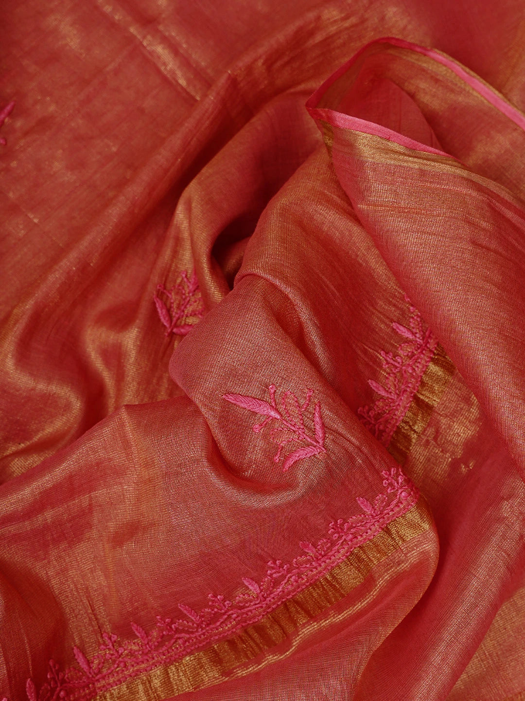 Ada Hand Embroidered Carrot Pink Tissue Lucknowi Chikankari Semi-Stitched Kurta Dupatta Set 01A780391