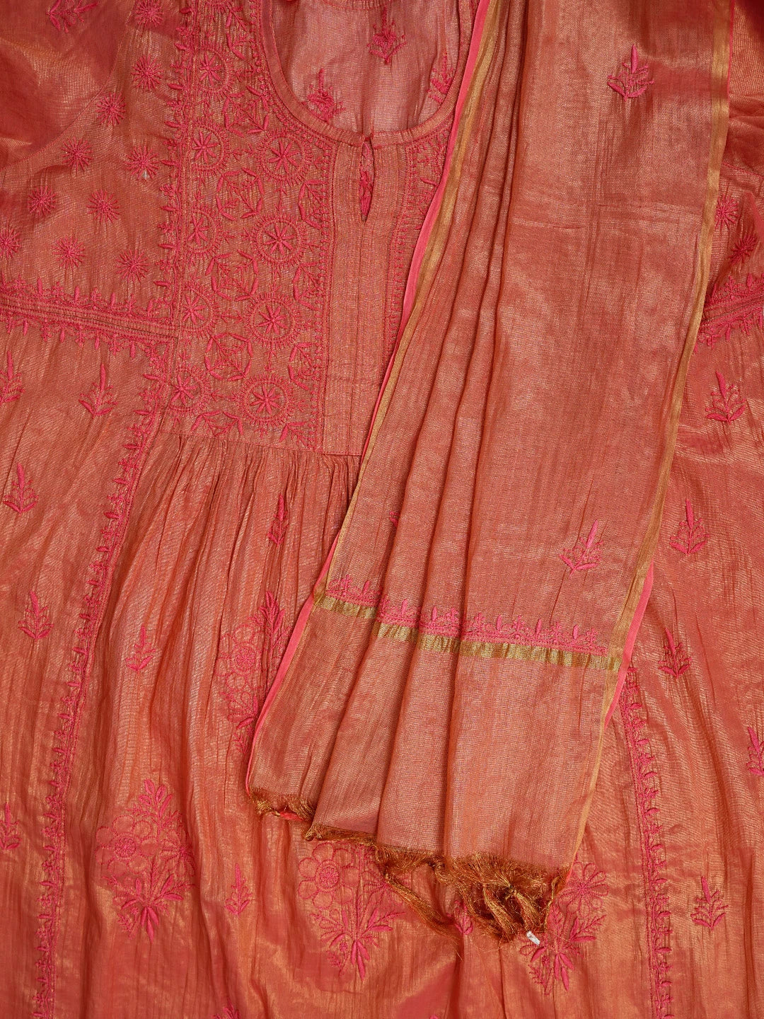 Ada Hand Embroidered Carrot Pink Tissue Lucknowi Chikankari Semi-Stitched Kurta Dupatta Set 01A780391