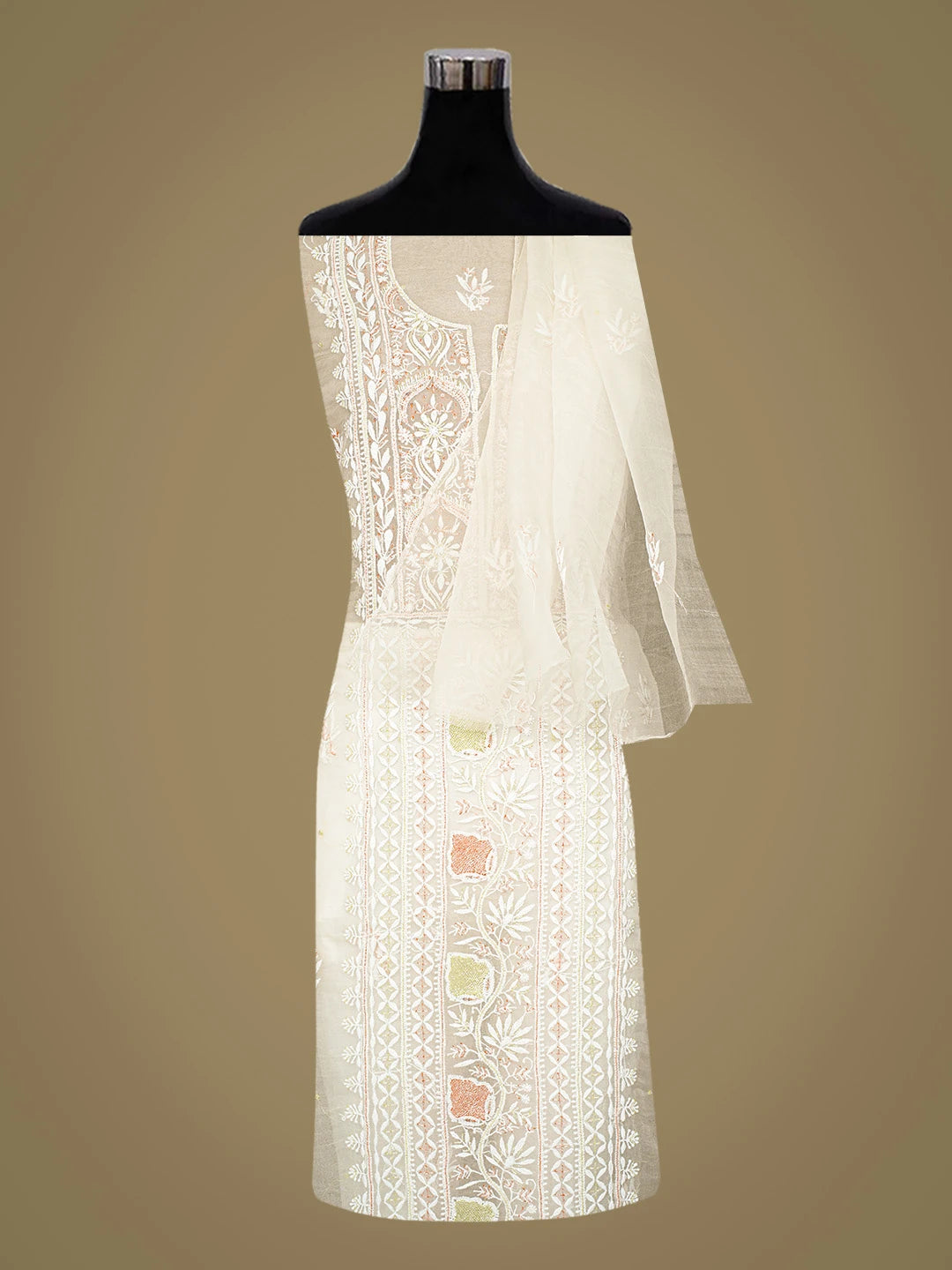 Ada Hand Embroidered Ivory White Organza Lucknowi Chikankari Unstitched Kurta Dupatta Set With Cutdana Work 01A817634