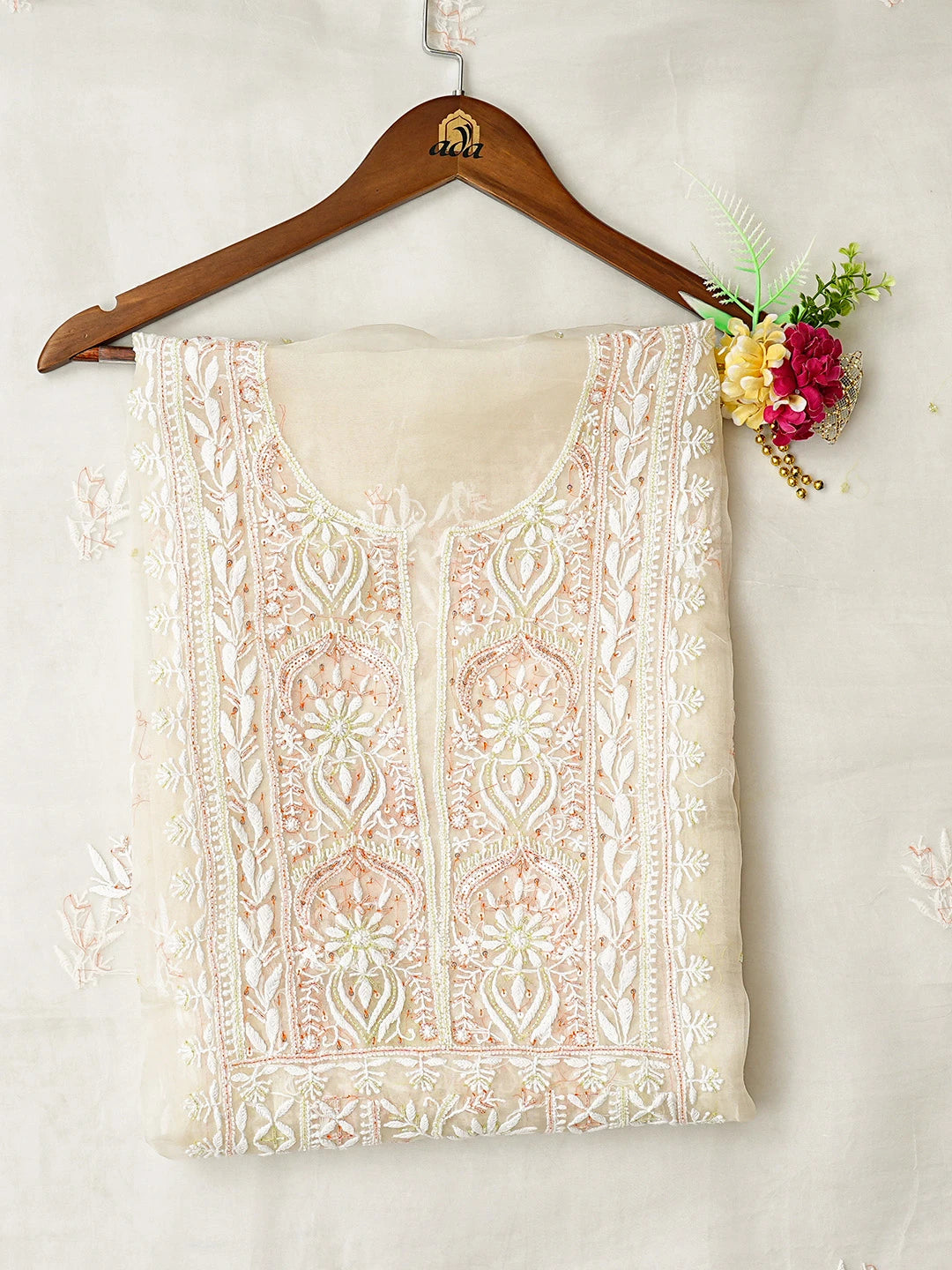 Ada Hand Embroidered Ivory White Organza Lucknowi Chikankari Unstitched Kurta Dupatta Set With Cutdana Work 01A817634