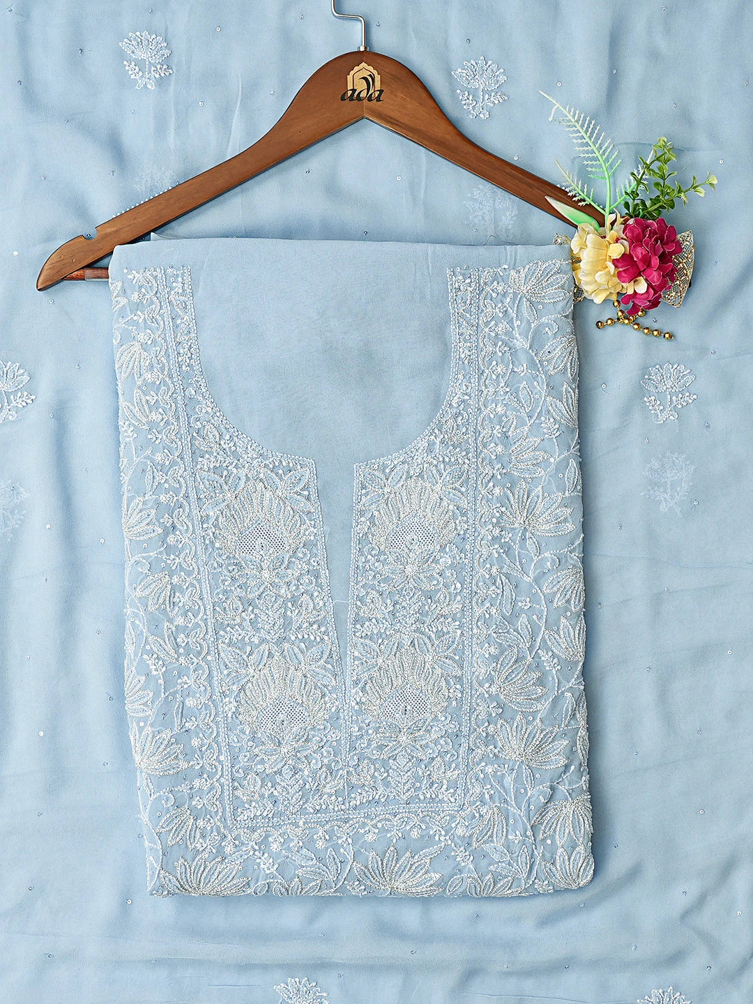 Ada Hand Embroidered Blue Pure Georgette Lucknowi Chikankari Unstitched Kurta Dupatta Set With Cutdana Work 01A669134