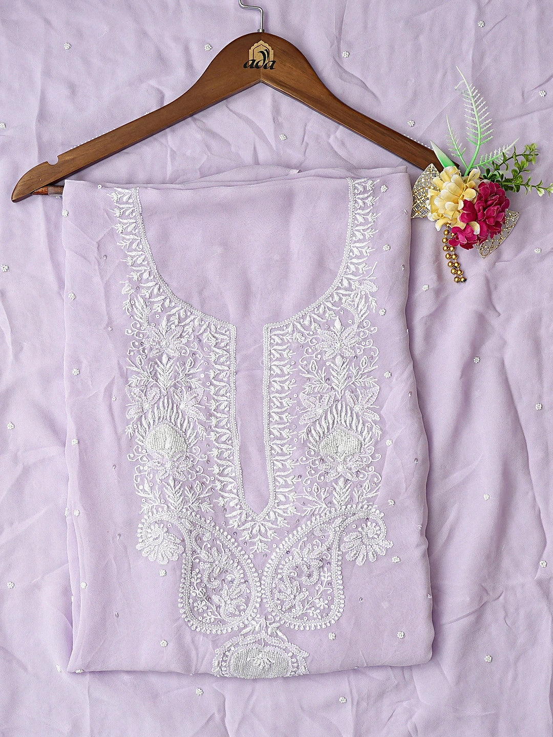 Ada Hand Embroidered Lavender Viscose Georgette Lucknowi Chikankari Unstitched Kurta Dupatta Set With Cutdana Work 01A804399
