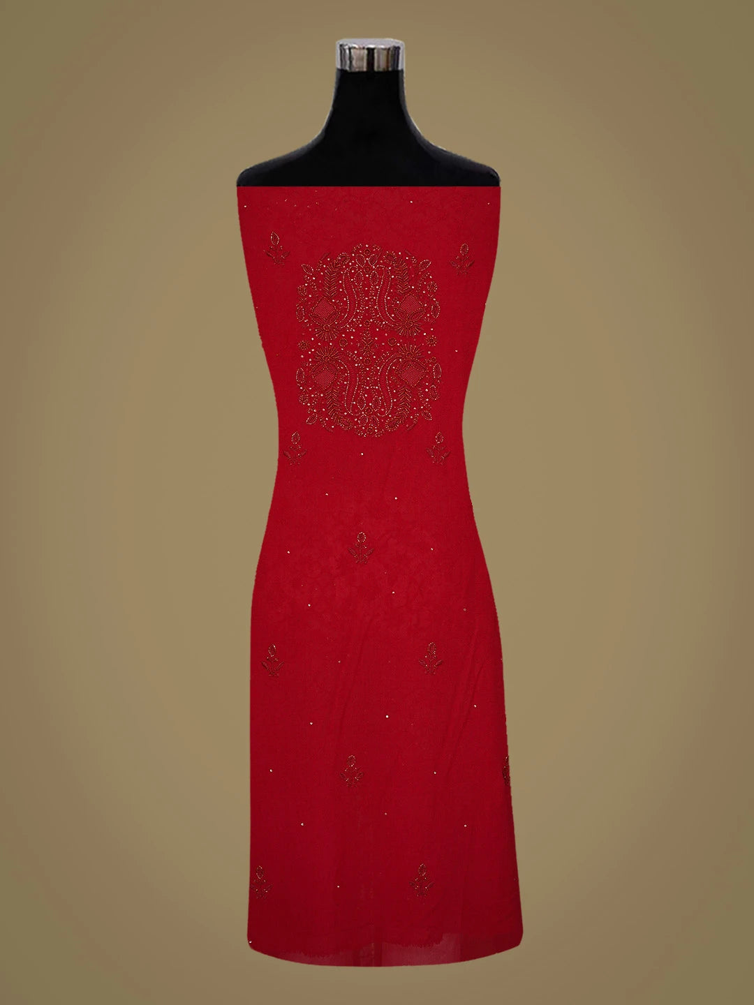 Ada Hand Embroidered Red Pure Georgette Lucknowi Chikankari Unstitched Kurta Dupatta Set With Cutdana Work 01A726315