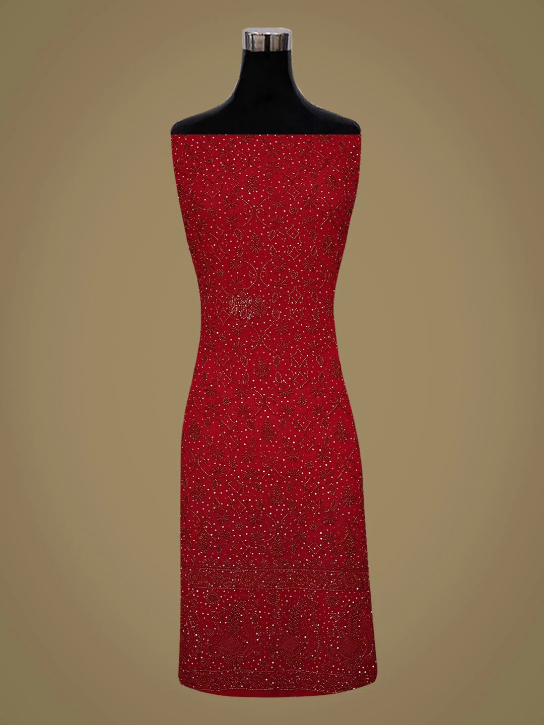 Ada Hand Embroidered Red Pure Georgette Lucknowi Chikankari Unstitched Kurta Dupatta Set With Cutdana Work 01A726315
