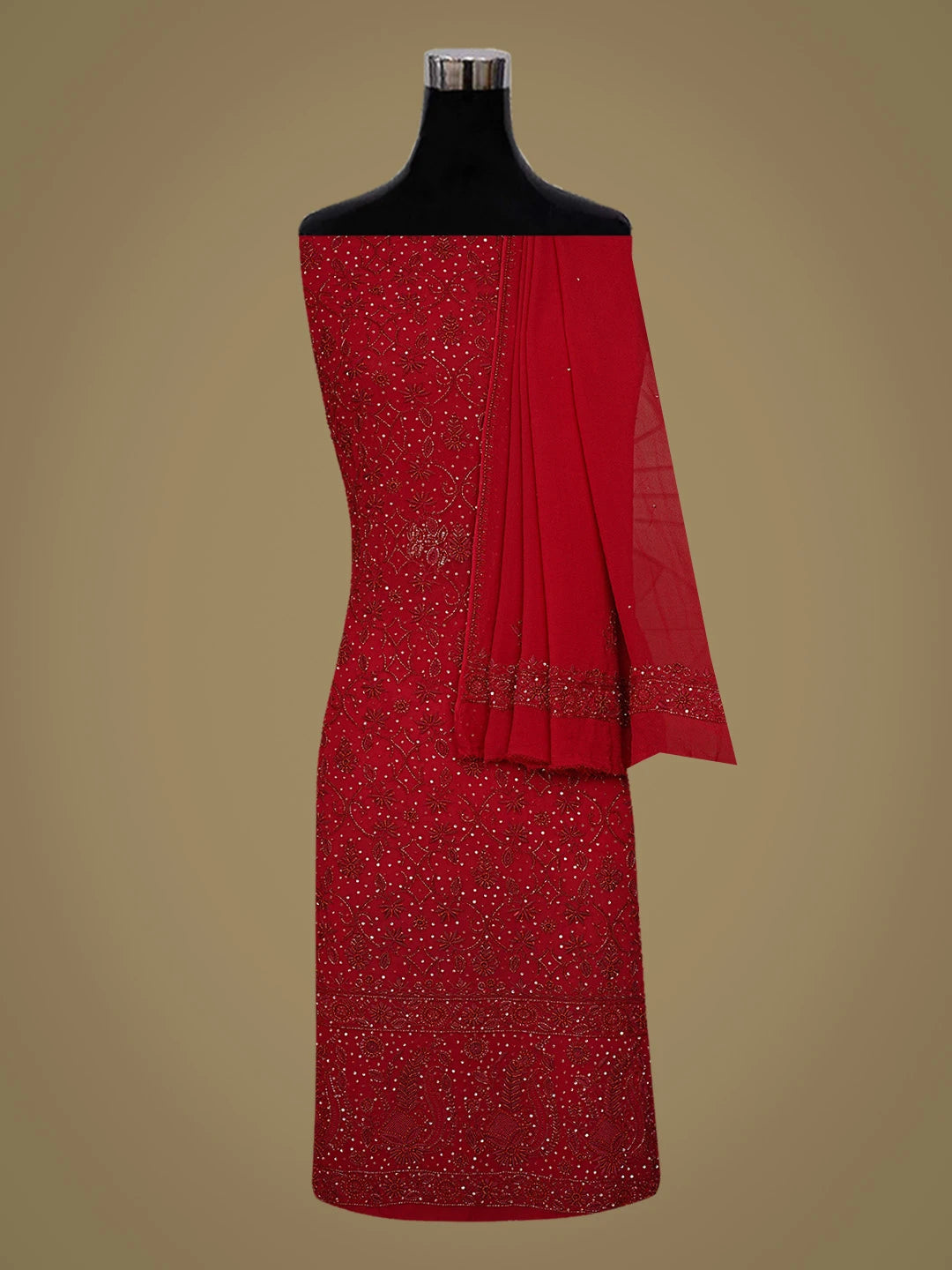 Ada Hand Embroidered Red Pure Georgette Lucknowi Chikankari Unstitched Kurta Dupatta Set With Cutdana Work 01A726315