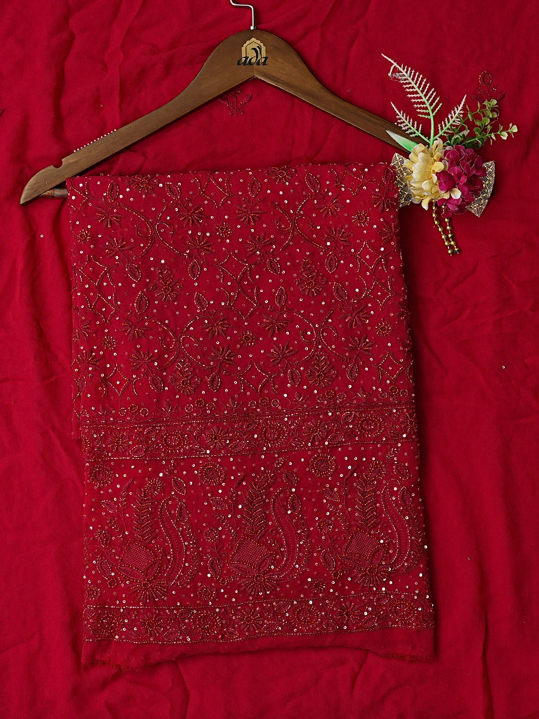 Ada Hand Embroidered Red Pure Georgette Lucknowi Chikankari Unstitched Kurta Dupatta Set With Cutdana Work 01A726315