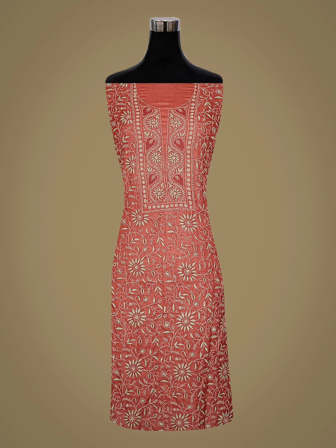 Ada Hand Embroidered Rust Silk Lucknowi Chikankari Unstitched Kurta Dupatta Set 01A782802