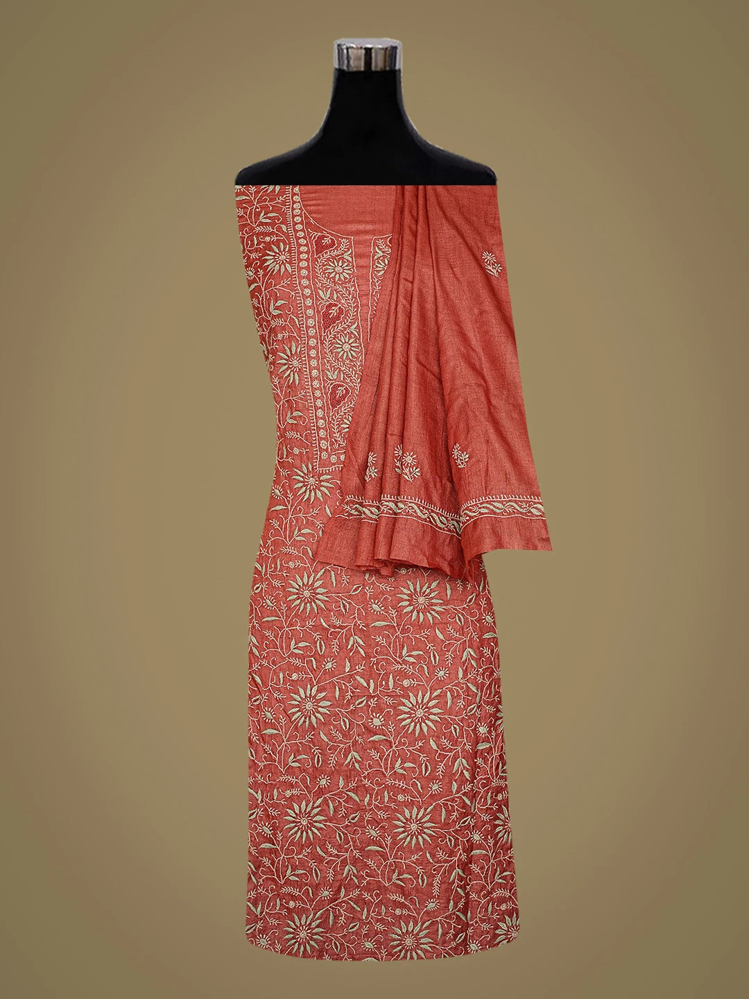Ada Hand Embroidered Rust Silk Lucknowi Chikankari Unstitched Kurta Dupatta Set 01A782802