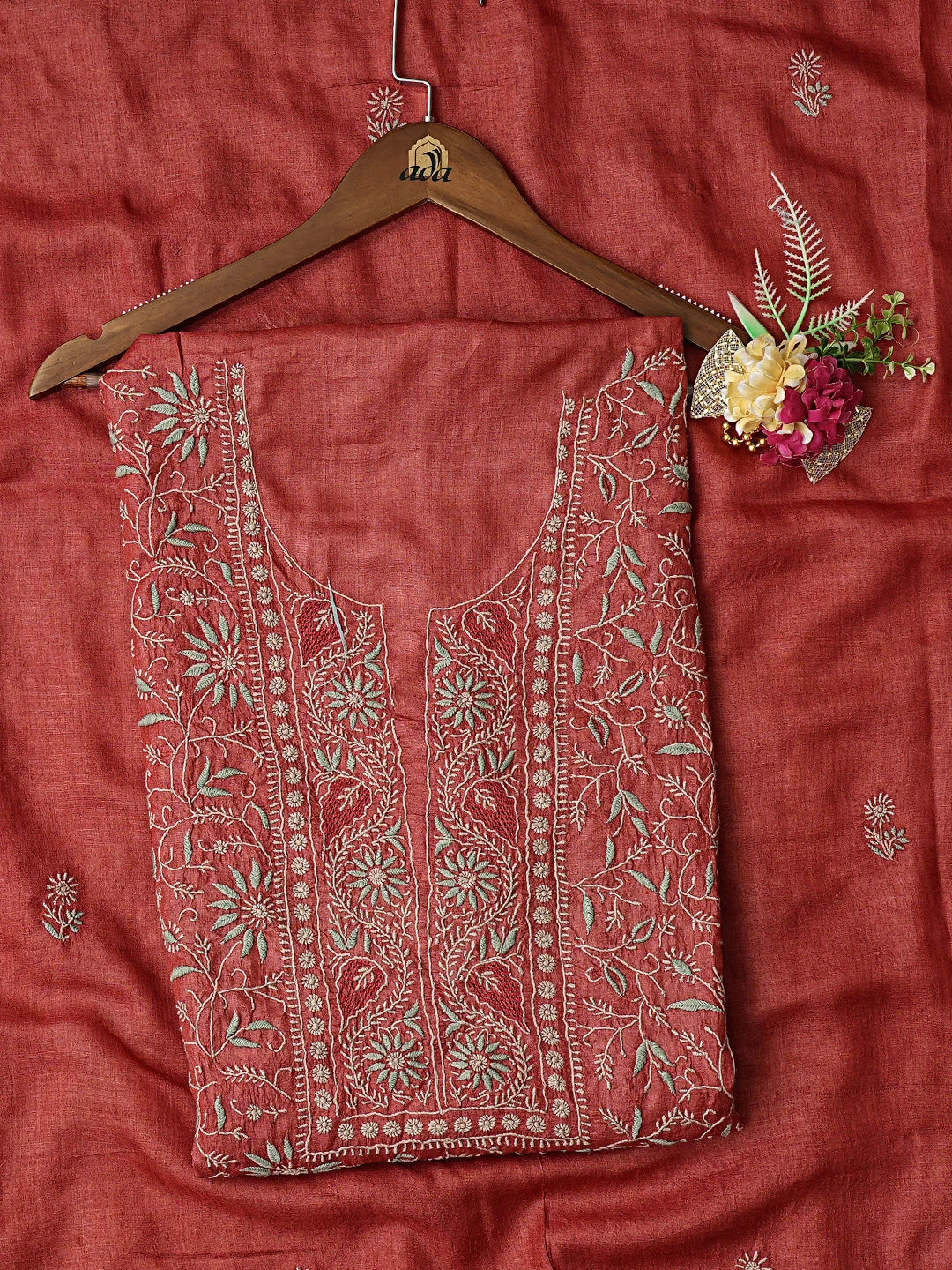 Ada Hand Embroidered Rust Silk Lucknowi Chikankari Unstitched Kurta Dupatta Set 01A782802