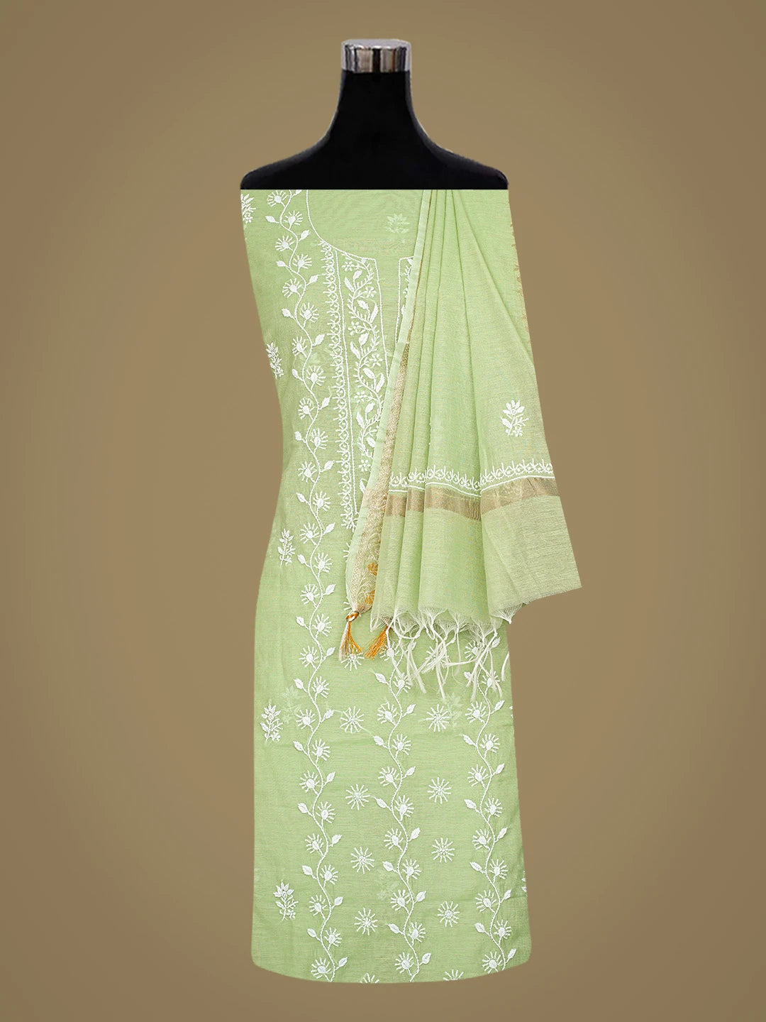 Ada Hand Embroidered Green Chanderi Lucknowi Chikankari Unstitched Kurta Dupatta Set 01A818431