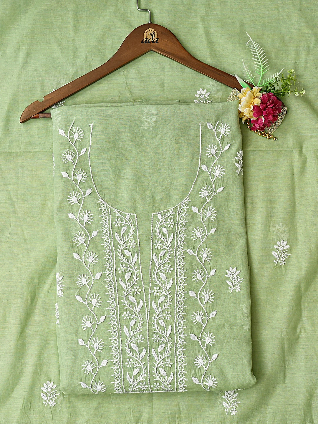 Ada Hand Embroidered Green Chanderi Lucknowi Chikankari Unstitched Kurta Dupatta Set 01A818431