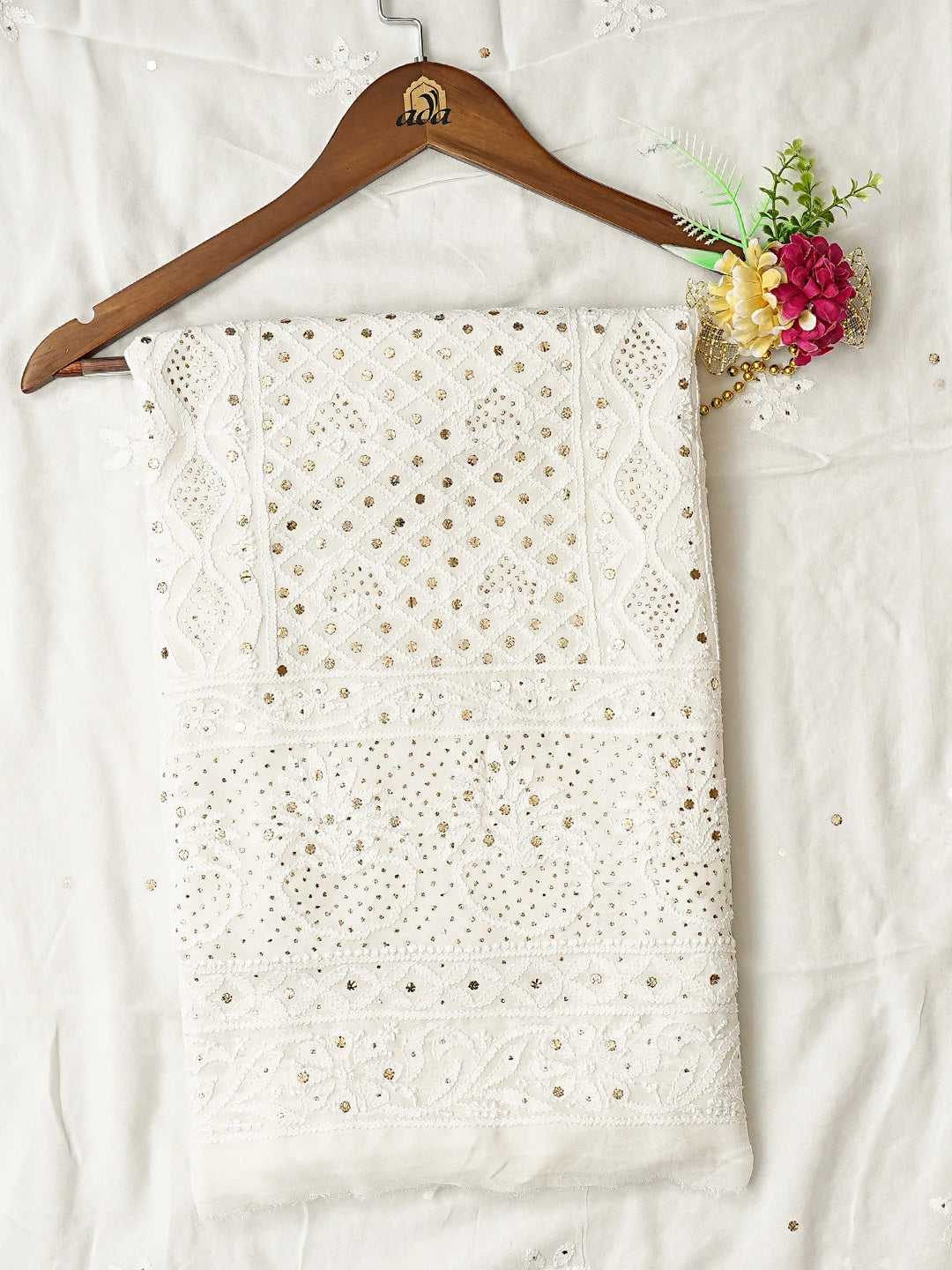 Ada Hand Embroidered White Viscose Georgette Lucknowi Chikankari Unstitched Kurta Dupatta Set With Mukaish Work 01A812571