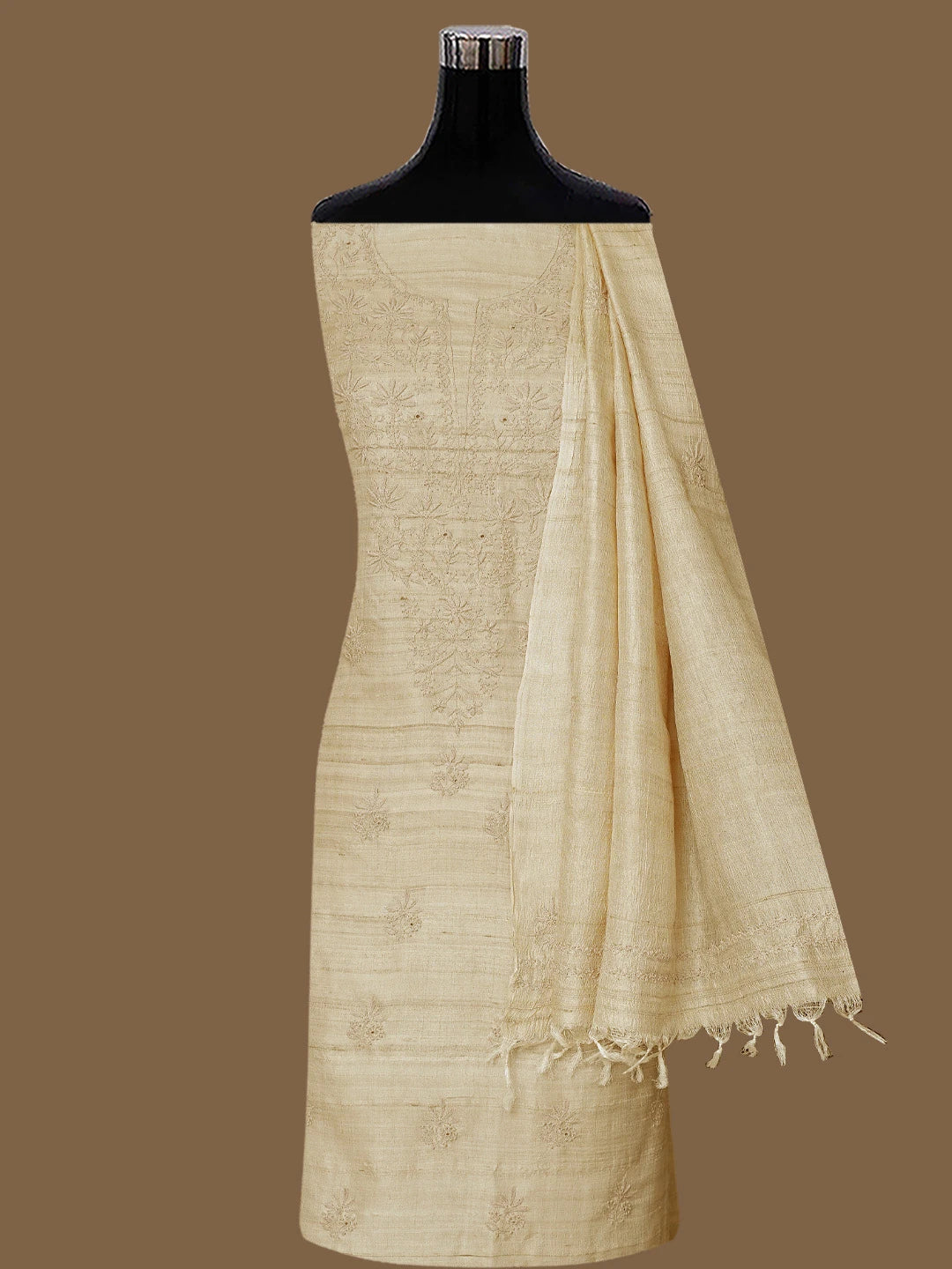 Ada Hand Embroidered Fawn Tussar Silk Lucknowi Chikankari Unstitched Kurta Dupatta Set 01A817736