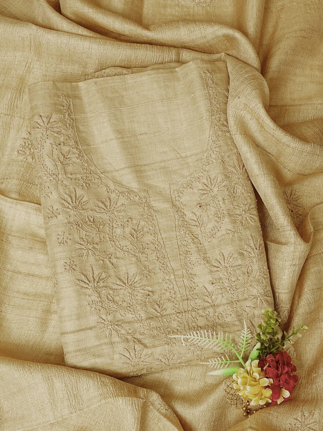Ada Hand Embroidered Fawn Tussar Silk Lucknowi Chikankari Unstitched Kurta Dupatta Set 01A817736