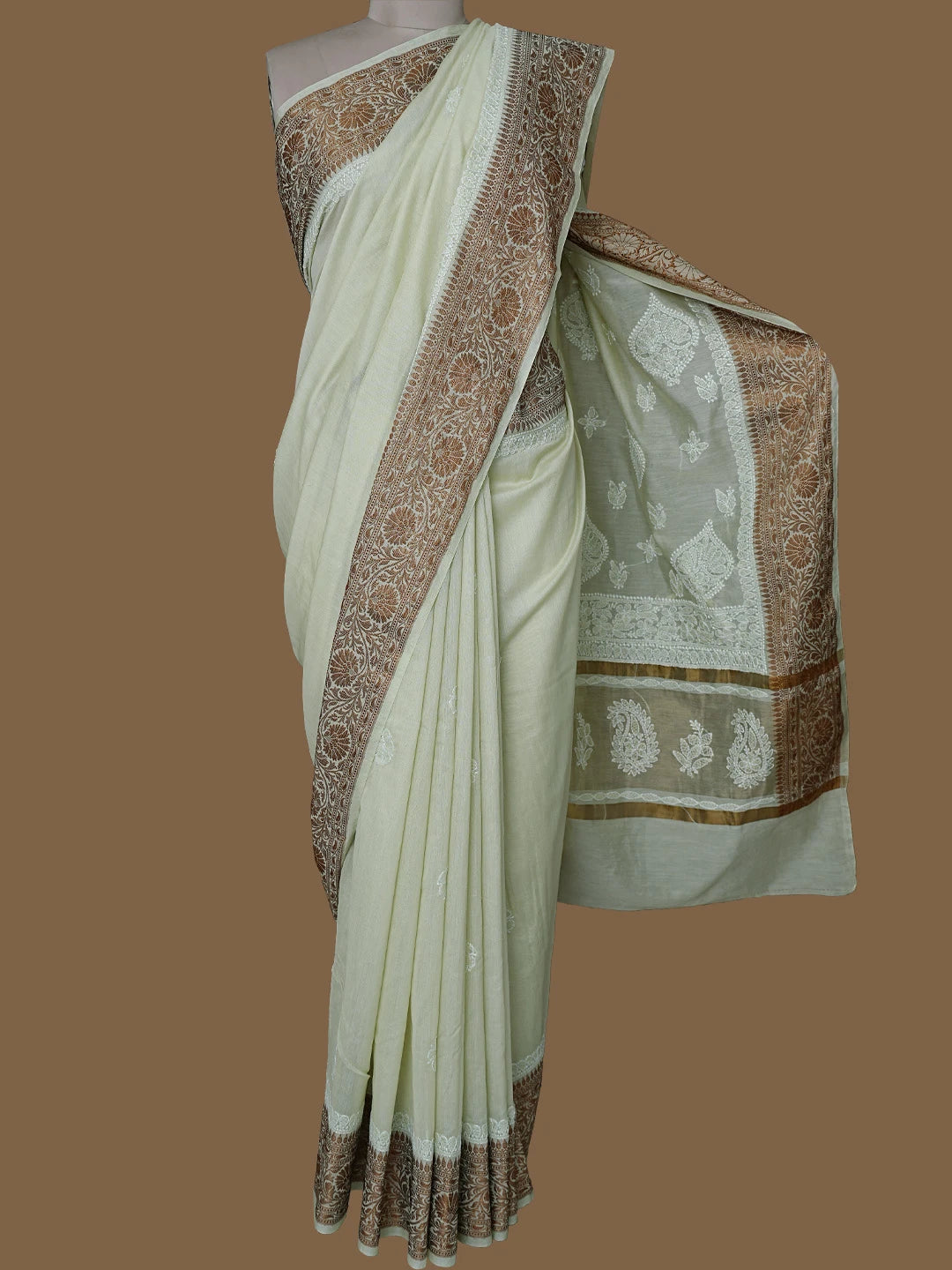 Ada Hand Embroidered Olive Green Chanderi Lucknowi Chikankari Saree With Blouse 01A794467