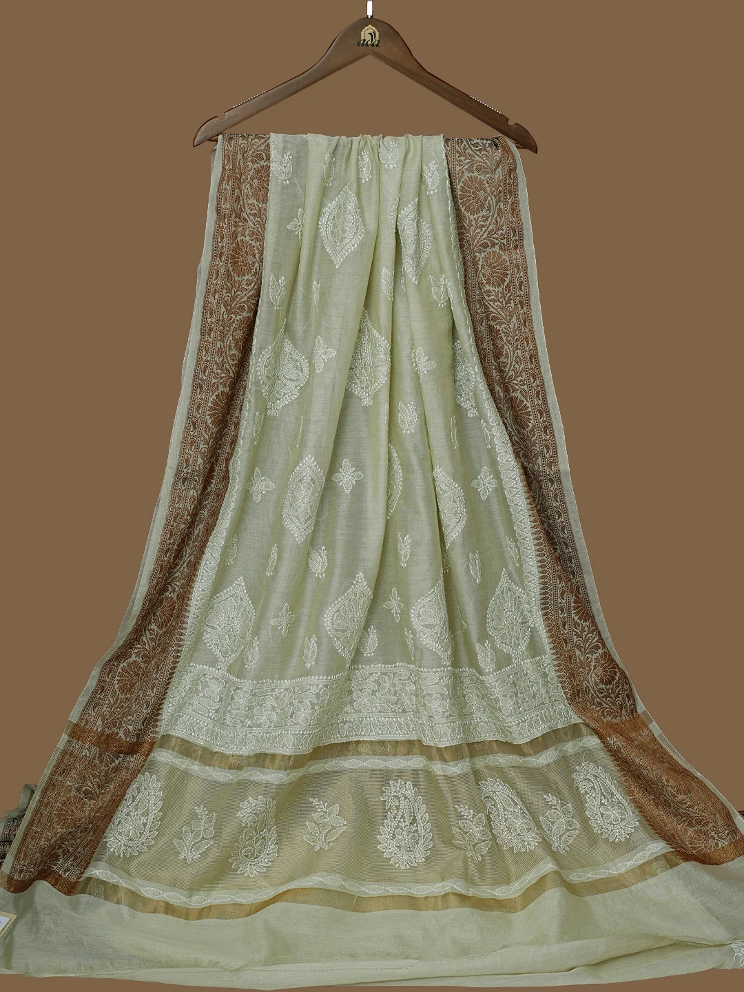 Ada Hand Embroidered Olive Green Chanderi Lucknowi Chikankari Saree With Blouse 01A794467