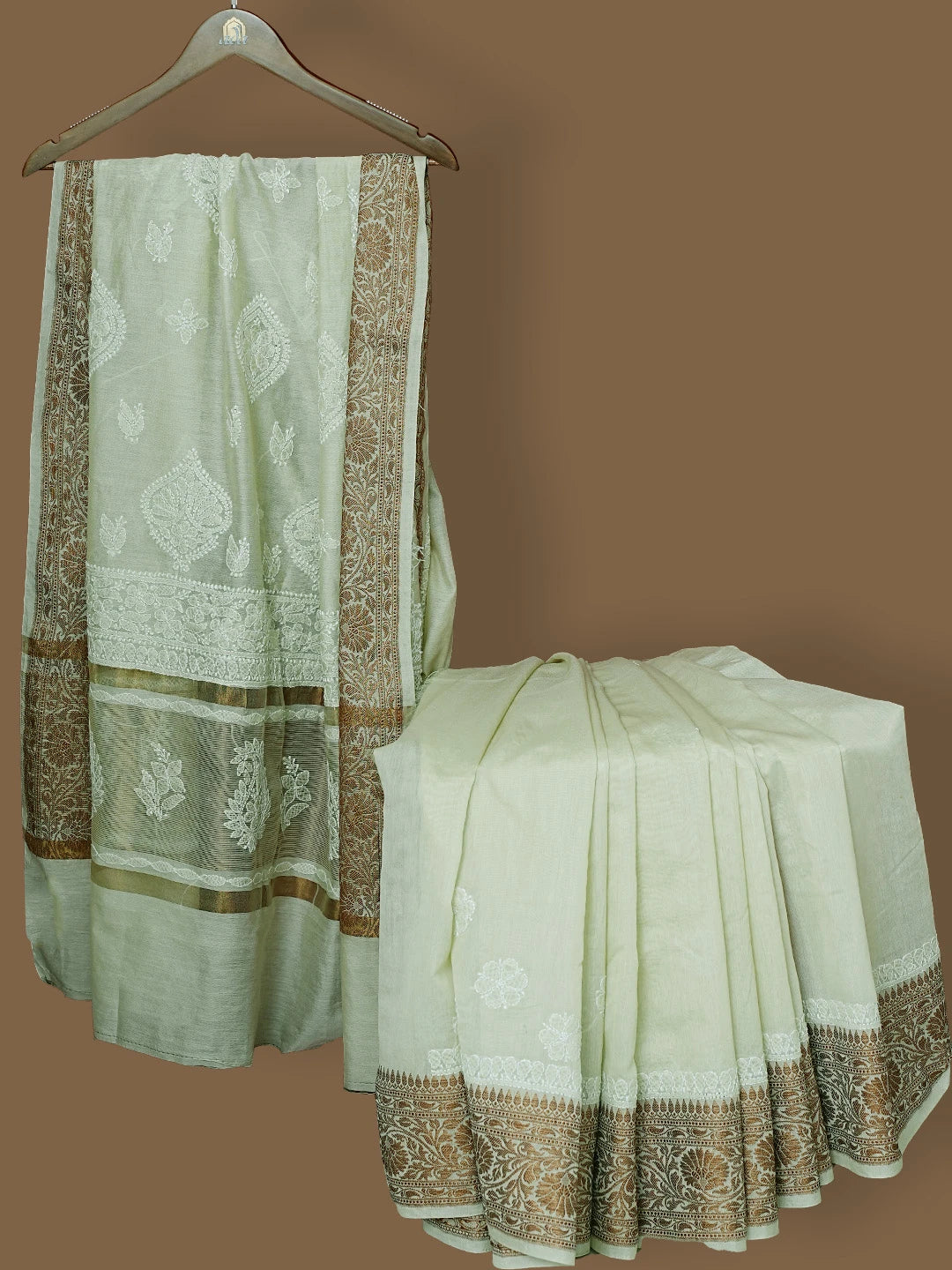 Ada Hand Embroidered Olive Green Chanderi Lucknowi Chikankari Saree With Blouse 01A794467