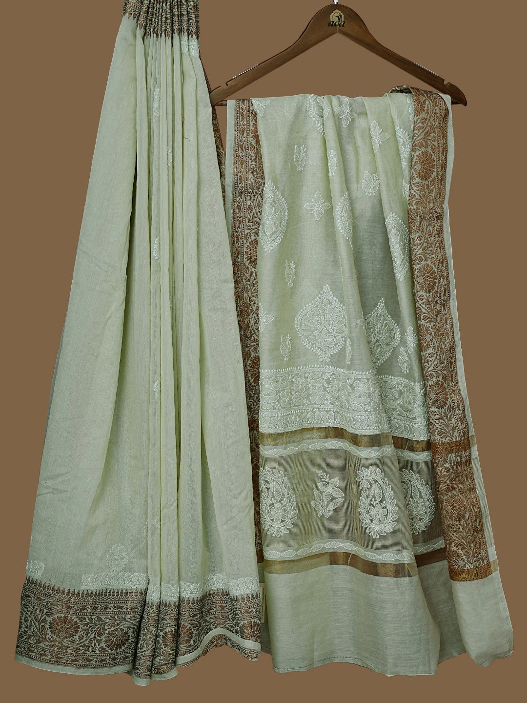 Ada Hand Embroidered Olive Green Chanderi Lucknowi Chikankari Saree With Blouse 01A794467