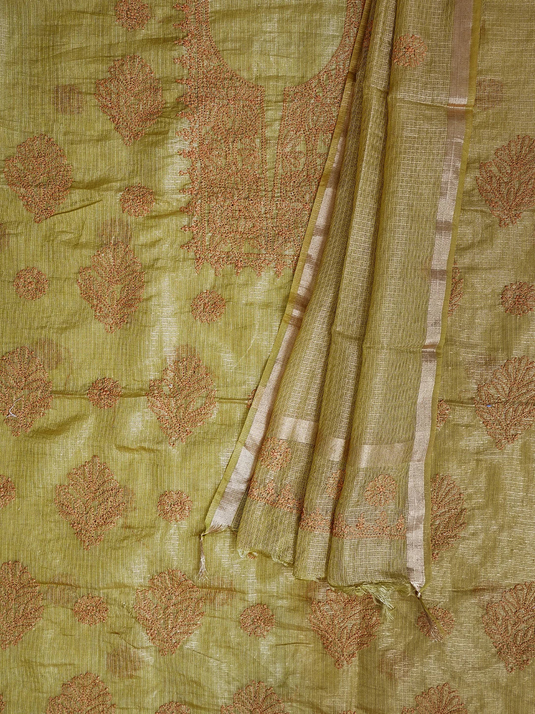 Ada Hand Embroidered Mehandi Green Kota Tissue Lucknowi Chikankari Unstitched Kurta Dupatta Set 01A802339