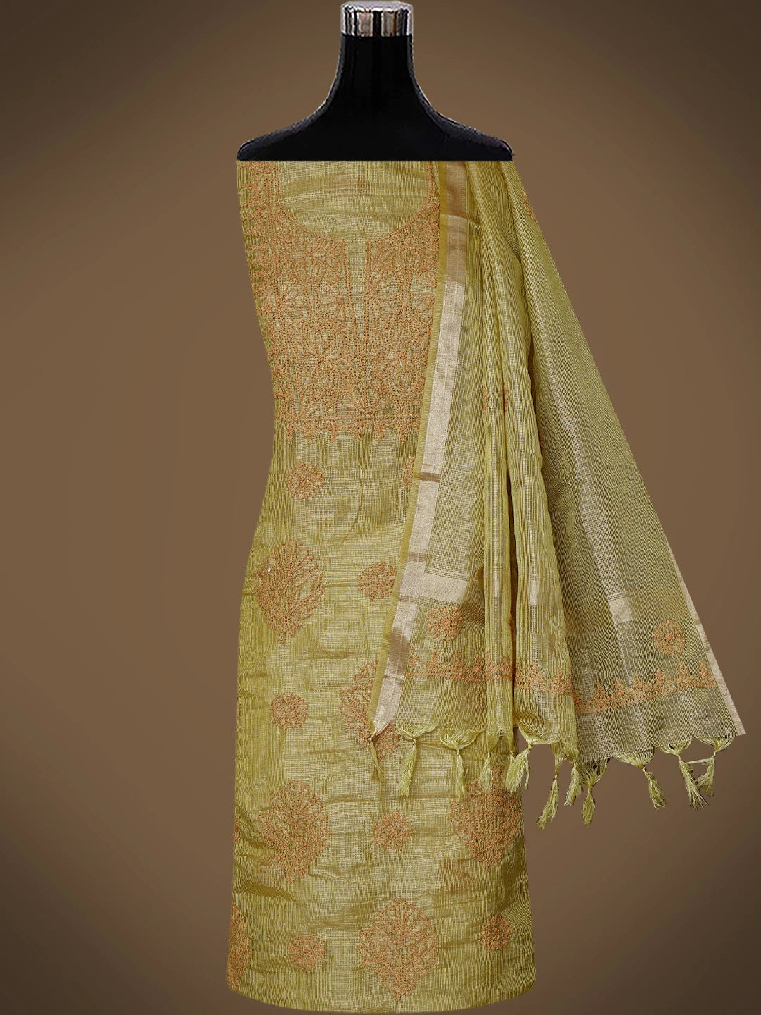 Ada Hand Embroidered Mehandi Green Kota Tissue Lucknowi Chikankari Unstitched Kurta Dupatta Set 01A802339