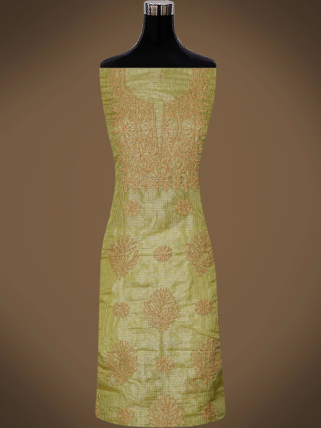 Ada Hand Embroidered Mehandi Green Kota Tissue Lucknowi Chikankari Unstitched Kurta Dupatta Set 01A802339
