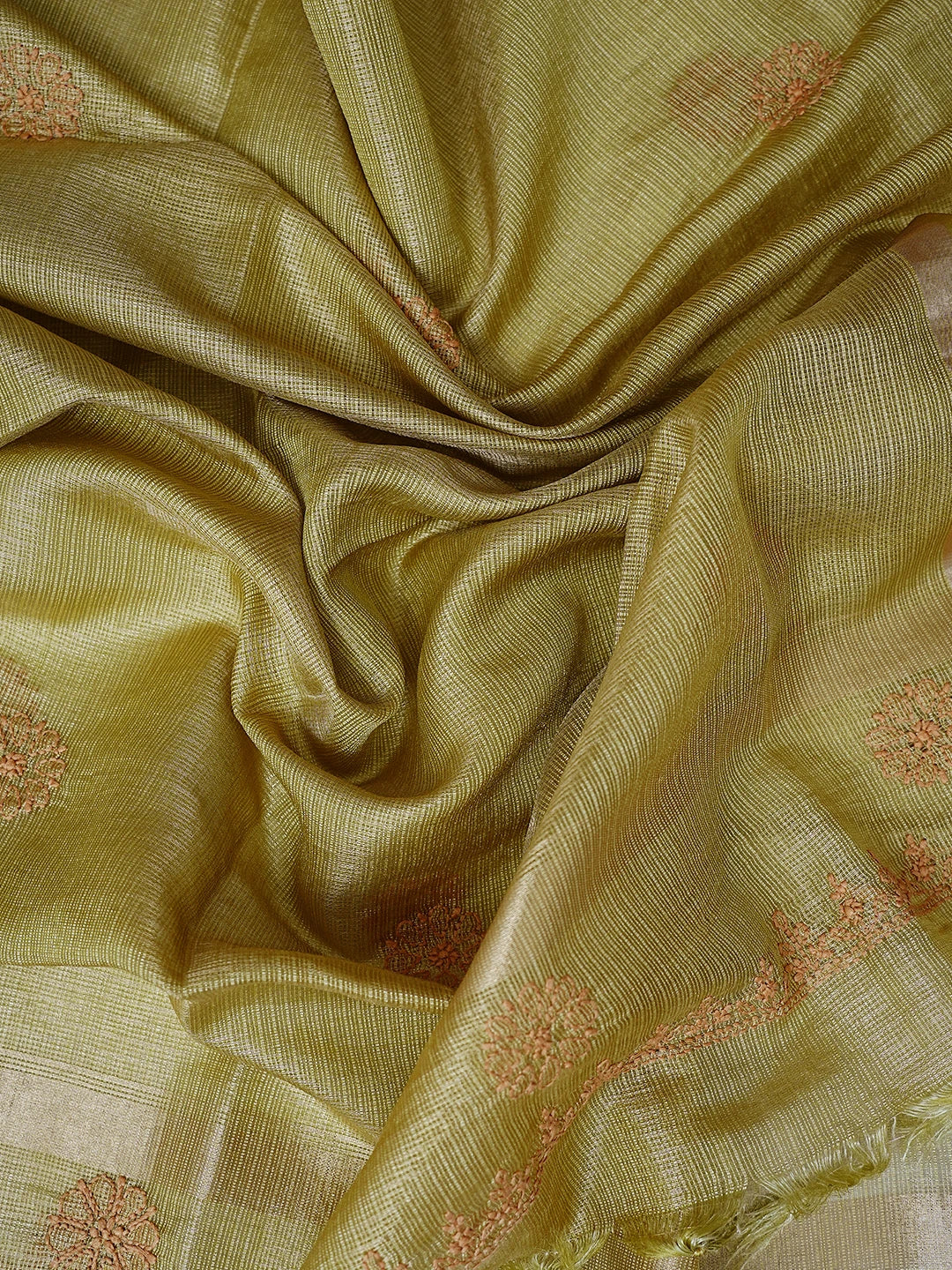 Ada Hand Embroidered Mehandi Green Kota Tissue Lucknowi Chikankari Unstitched Kurta Dupatta Set 01A802339