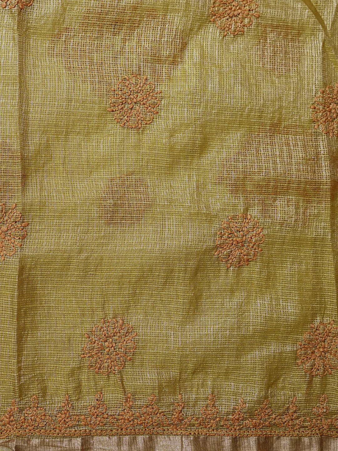 Ada Hand Embroidered Mehandi Green Kota Tissue Lucknowi Chikankari Unstitched Kurta Dupatta Set 01A802339