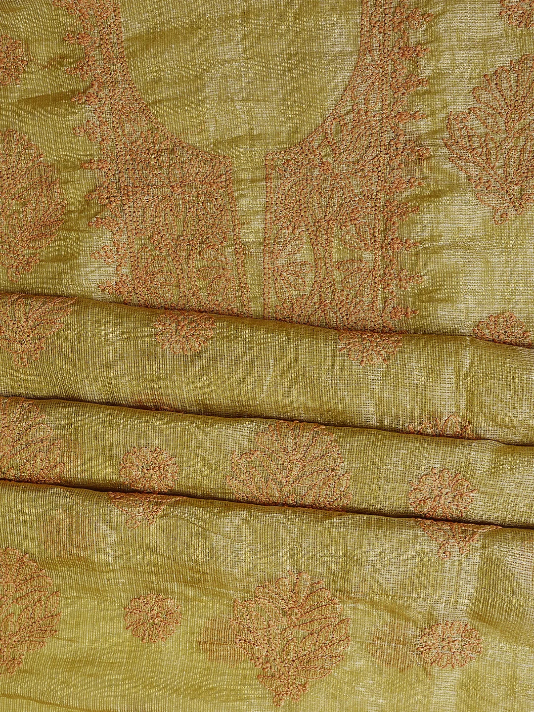 Ada Hand Embroidered Mehandi Green Kota Tissue Lucknowi Chikankari Unstitched Kurta Dupatta Set 01A802339