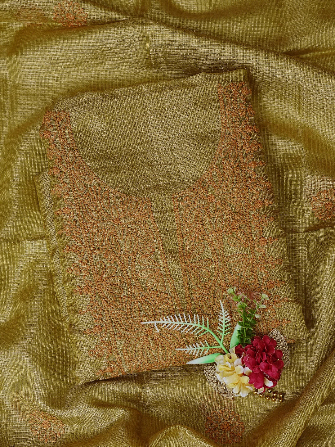 Ada Hand Embroidered Mehandi Green Kota Tissue Lucknowi Chikankari Unstitched Kurta Dupatta Set 01A802339