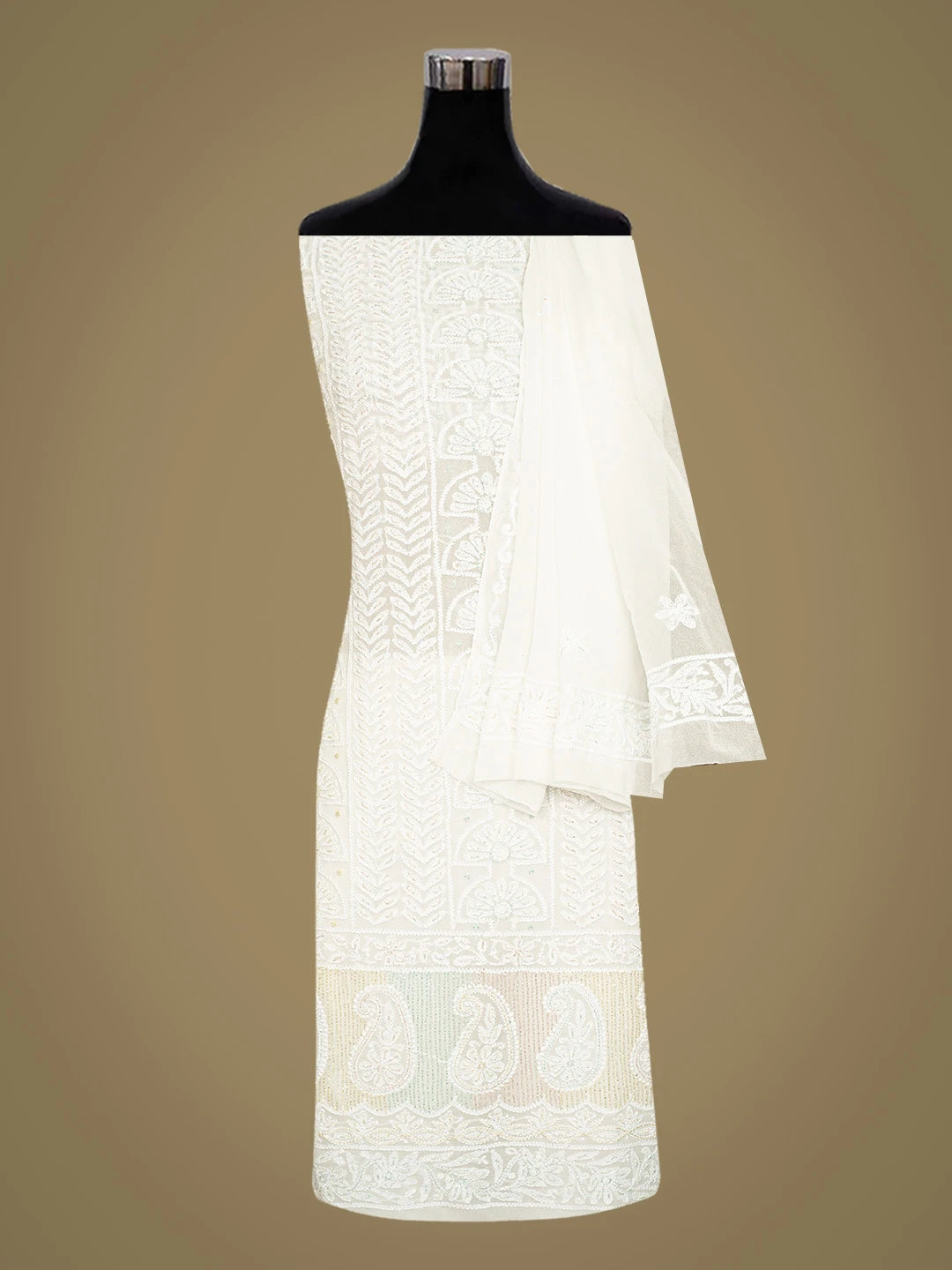 Ada Hand Embroidered White Viscose Georgette Lucknowi Chikankari Unstitched Kurta Dupatta Set With Cutdana Work 01A804383