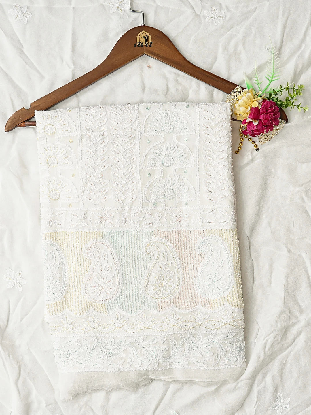 Ada Hand Embroidered White Viscose Georgette Lucknowi Chikankari Unstitched Kurta Dupatta Set With Cutdana Work 01A804383
